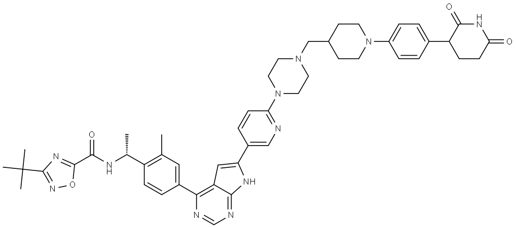 1,2,4-Oxadiazole-5-carboxamide, 3-(1,1-dimethylethyl)-N-[(1R)-1-[4-[6-[6-[4-[[1-[4-(2,6-dioxo-3-piperidinyl)phenyl]-4-piperidinyl]methyl]-1-piperazinyl]-3-pyridinyl]-7H-pyrrolo[2,3-d]pyrimidin-4-yl]-2-methylphenyl]ethyl]- Structure