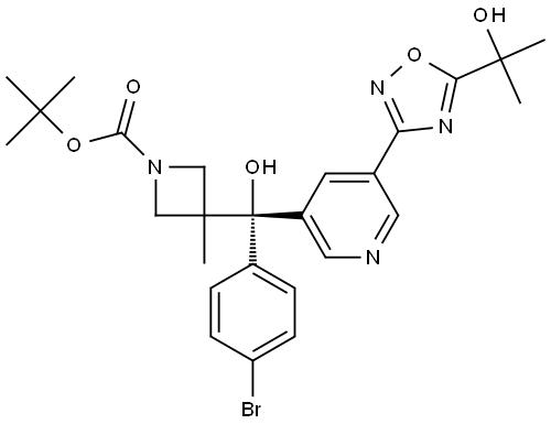 tert-butyl (R)-3-((4-bromophenyl)(hydroxy)(5-(5-(2-hydroxypropan-2-yl)-1,2,4-oxadiazol-3-yl)pyridin-3-yl)methyl)-3-methylazetidine-1-carboxylate Structure