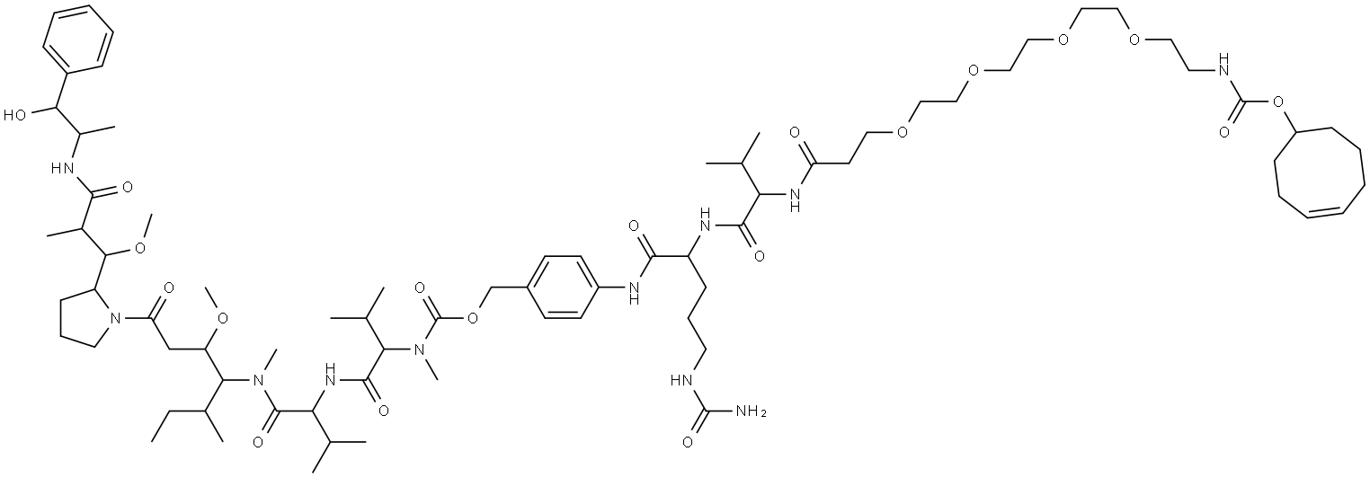 L-Valinamide, N-[[[4-[[N-[17-[(4E)-4-cycloocten-1-yloxy]-1,17-dioxo-4,7,10,13-tetraoxa-16-azaheptadec-1-yl]-L-valyl-N5-(aminocarbonyl)-L-ornithyl]amino]phenyl]methoxy]carbonyl]-N-methyl-L-valyl-N-[(1S,2R)-4-[(2S)-2-[(1R,2R)-3-[[(1R,2S)-2-hydroxy-1-methyl-2-phenylethyl]amino]-1-methoxy-2-methyl-3-oxo... Structure