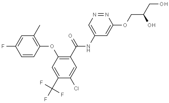 Benzamide, 5-chloro-N-[6-[(2R)-2,3-dihydroxypropoxy]-4-pyridazinyl]-2-(4-fluoro-2-methylphenoxy)-4-(trifluoromethyl)- Structure