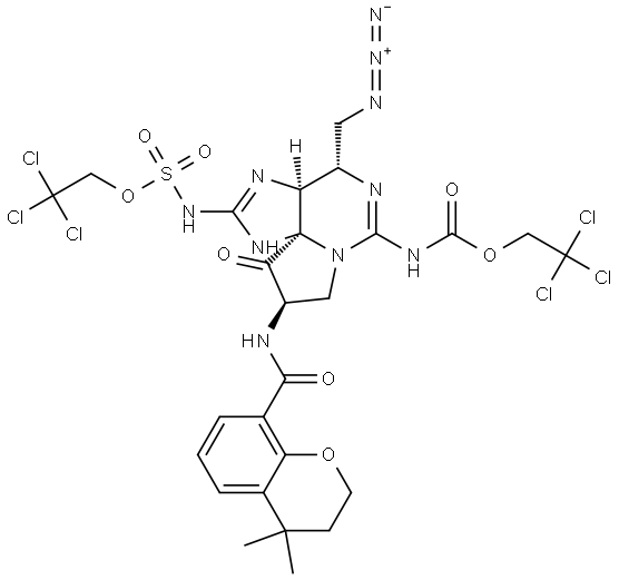 2,2,2-trichloroethyl ((3aS,4S,9R,10aS)-4-(azidomethyl)-9-(4,4-dimethylchromane-8-carboxamido)-10-oxo-6-(((2,2,2-trichloroethoxy)carbonyl)amino)-3a,4,9,10-tetrahydro-1H,8H-pyrrolo[1,2-c]purin-2-yl)sulfamate Structure