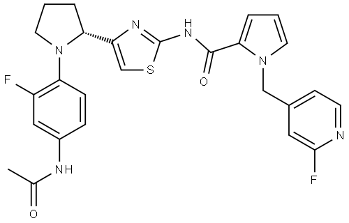 N-[4-[(2R)-1-(4-acetamido-2-fluoro-phenyl)pyrrolidin-2-yl]thiazol-2-yl]-1-[(2-fluoro-4-pyridyl)methyl]pyrrole-2-carboxamide Structure