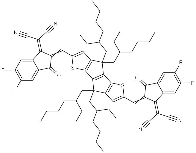 2,2'-(((4,4,8,8-tetrakis(2-ethylhexyl)-4,8-dihydropentaleno[1,2-b:4,5-b']dithiophene-2,6-diyl)bis(methaneylylidene))bis(5,6-difluoro-3-oxo-2,3-dihydro-1H-indene-2,1-diylidene))dimalononitrile Structure