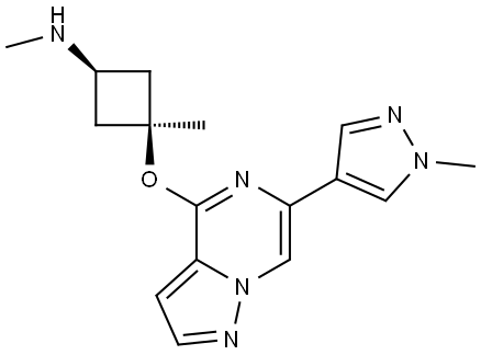 (1s,3s)-N,3-dimethyl-3-((6-(1-methyl-1H-pyrazol-4-yl)pyrazolo[1,5-a]pyrazin-4-yl)oxy)cyclobutan-1-amine Structure