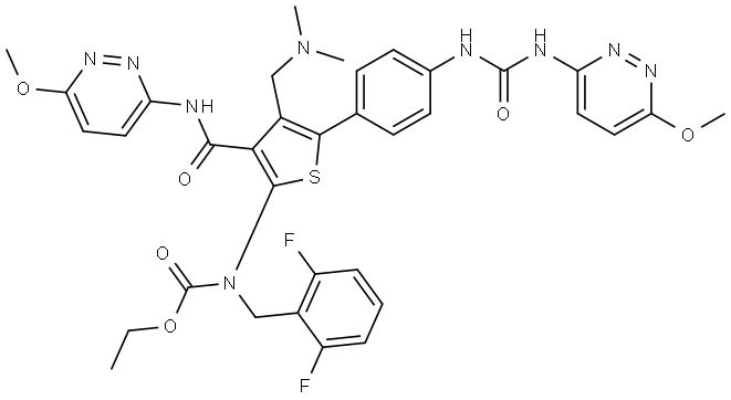 Carbamic acid, N-[(2,6-difluorophenyl)methyl]-N-[4-[(dimethylamino)methyl]-3-[[(6-methoxy-3-pyridazinyl)amino]carbonyl]-5-[4-[[[(6-methoxy-3-pyridazinyl)amino]carbonyl]amino]phenyl]-2-thienyl]-, ethyl ester Structure