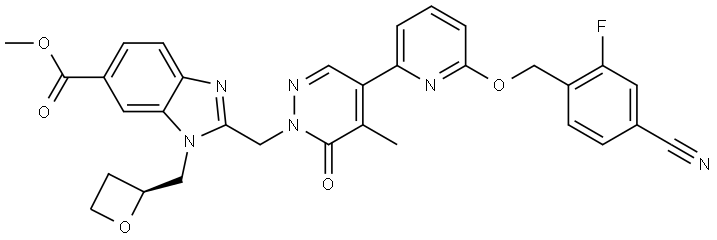 methyl (S)-2-((4-(6-((4-cyano-2-fluorobenzyl)oxy)pyridin-2-yl)-5-methyl-6-oxopyridazin-1(6H)-yl)methyl)-1-(oxetan-2-ylmethyl)-1H-benzo[d]imidazole-6-carboxylate Structure