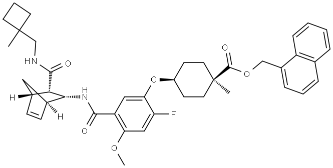 naphthalen-1-ylmethyl (1S,4s)-4-(2-fluoro-4-methoxy-5-(((1R,2R,3S,4S)-3-(((1-methylcyclobutyl)methyl)carbamoyl)bicyclo[2.2.1]hept-5-en-2-yl)carbamoyl)phenoxy)-1-methylcyclohexane-1-carboxylate Structure