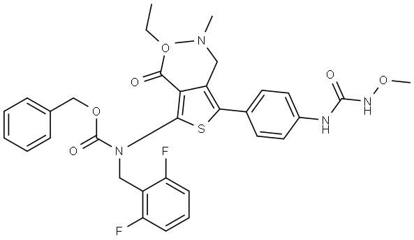 ethyl 2-(((benzyloxy)carbonyl)(2,6-difluorobenzyl)amino)-4-((dimethylamino)methyl)-5-(4-(3-methoxyureido)phenyl)thiophene-3-carboxylate Structure