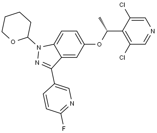 5-[(1R)-1-(3,5-dichloropyridin-4-yl)ethoxy]-3-(6-fluoropyridin-3-yl)-1-(oxan-2-yl)-1H-indazole Structure