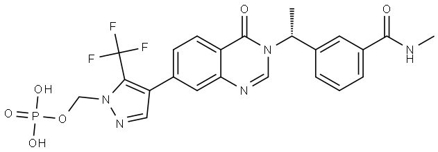 [4-[3-[(1R)-1-[3-(methylcarbamoyl)phenyl]ethyl]-4-oxo-quinazolin-7-yl]-5-(trifluoromethyl)pyrazol-1-yl]methyl dihydrogen phosphate Structure