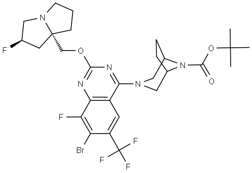 tert-butyl 3-[7-bromo-8-fluoro-2-[[(2R,8S)-2-fluoro-1,2,3,5,6,7-hexahydropyrrolizin-8-yl]methoxy]-6-(trifluoromethyl)quinazolin-4-yl]-3,8-diazabicyclo[3.2.1]octane-8-carboxylate Structure