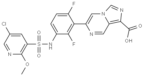 6-(3-((5-chloro-2-methoxypyridine)-3-sulfonamido)-2,6-difluorophenyl)imidazo[1,5-a]pyrazine-1-carboxylic acid Structure