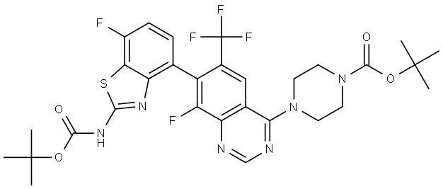 tert-butyl 4-(7-(2-((tert-butoxycarbonyl)amino)-7-fluorobenzo[d]thiazol-4-yl)-8-fluoro-6-(trifluoromethyl)quinazolin-4-yl)piperazine-1-carboxylate Structure