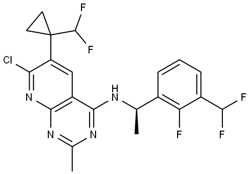 (R)-7-chloro-N-(1-(3-(difluoromethyl)-2-fluorophenyl)ethyl)-6-(1-(difluoromethyl)cyclopropyl)-2-methylpyrido[2,3-d]pyrimidin-4-amine Structure