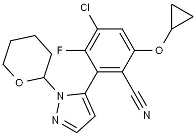 Benzonitrile, 4-chloro-6-(cyclopropyloxy)-3-fluoro-2-[1-(tetrahydro-2H-pyran-2-yl)-1H-pyrazol-5-yl]- Structure