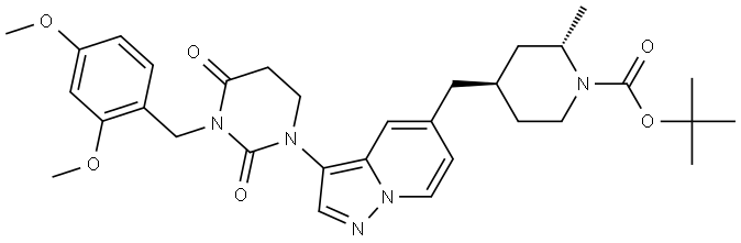 tert-butyl (2S,4R)-4-((3-(3-(2,4-dimethoxybenzyl)-2,4-dioxotetrahydropyrimidin-1(2H)-yl)pyrazolo[1,5-a]pyridin-5-yl)methyl)-2-methylpiperidine-1-carboxylate Structure