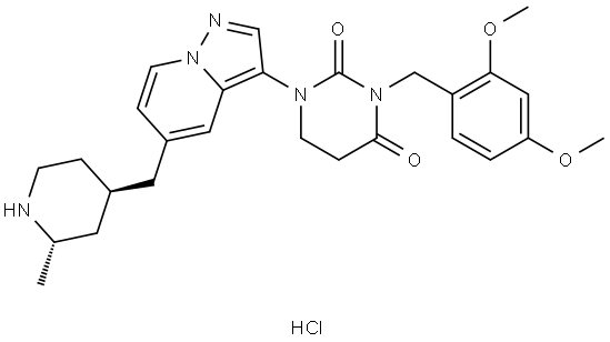 3-(2,4-dimethoxybenzyl)-1-(5-(((2S,4R)-2-methylpiperidin-4-yl)methyl)pyrazolo[1,5-a]pyridin-3-yl)dihydropyrimidine-2,4(1H,3H)-dione hydrochloride Structure