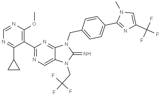 2-(4-cyclopropyl-6-methoxypyrimidin-5-yl)-9-(4-(1-methyl-4-(trifluoromethyl)-1H-imidazol-2-yl)benzyl)-7-(2,2,2-trifluoroethyl)-7,9-dihydro-8H-purin-8-imine Structure