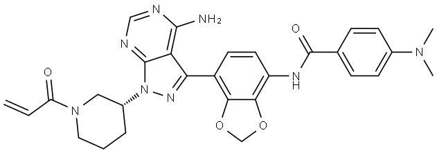 Benzamide, N-[7-[4-amino-1-[(3R)-1-(1-oxo-2-propen-1-yl)-3-piperidinyl]-1H-pyrazolo[3,4-d]pyrimidin-3-yl]-1,3-benzodioxol-4-yl]-4-(dimethylamino)- Structure