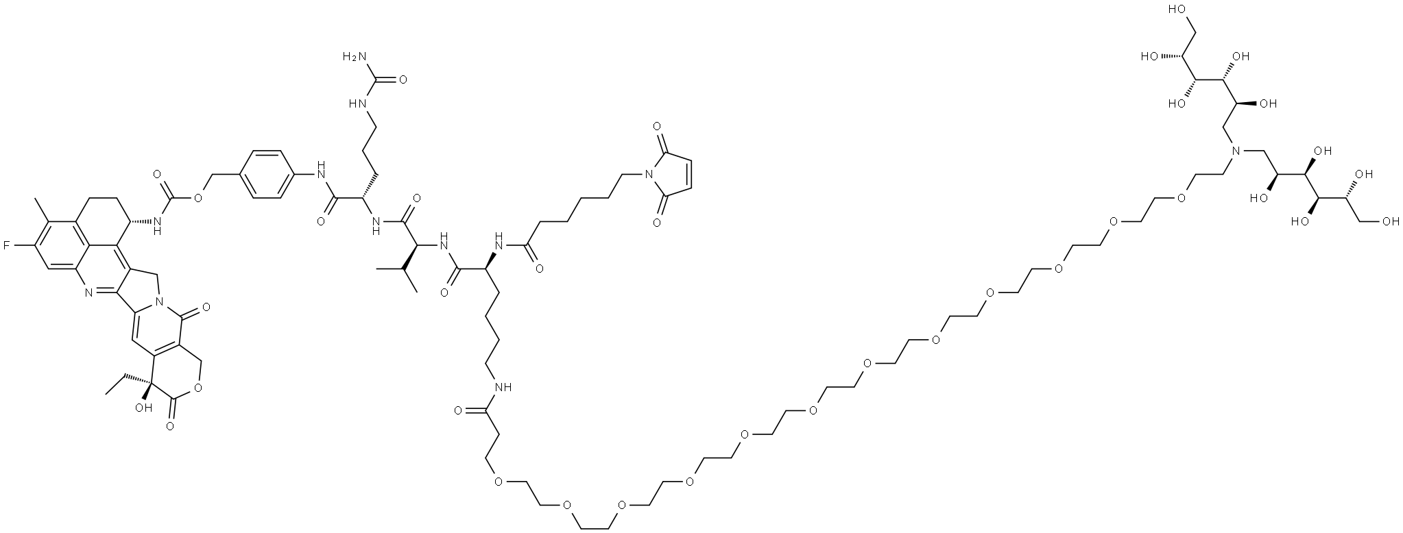 L-Ornithinamide, N6-[39-[bis(1-deoxy-D-glucitol-1-yl)amino]-1-oxo-4,7,10,13,16,19,22,25,28,31,34,37-dodecaoxanonatriacont-1-yl]-N2-[6-(2,5-dihydro-2,5-dioxo-1H-pyrrol-1-yl)-1-oxohexyl]-L-lysyl-L-valyl-N5-(aminocarbonyl)-N-[4-[[[[[(1S,9S)-9-ethyl-5-fluoro-2,3,9,10,13,15-hexahydro-9-hydroxy-4-methyl-1... Structure