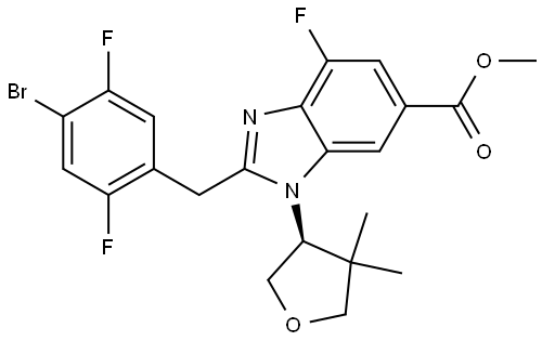 methyl 2-[(4-bromo-2,5-difluorophenyl)methyl]-1-[(3S)-4,4-dimethyloxolan-3-yl]-4-fluoro-1H-1,3-benzodiazole-6-carboxylate Structure