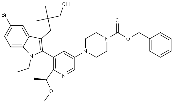 benzyl (S)-4-(5-(5-bromo-1-ethyl-3-(3-hydroxy-2,2-dimethylpropyl)-1H-indol-2-yl)-6-(1-methoxyethyl)pyridin-3-yl)piperazine-1-carboxylate 구조식 이미지