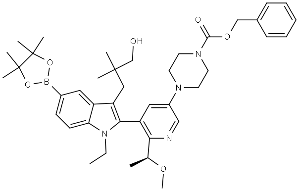 benzyl (S)-4-(5-(1-ethyl-3-(3-hydroxy-2,2-dimethylpropyl)-5-(4,4,5,5-tetramethyl-1,3,2-dioxaborolan-2-yl)-1H-indol-2-yl)-6-(1-methoxyethyl)pyridin-3-yl)piperazine-1-carboxylate Structure