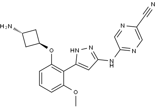 2-Pyrazinecarbonitrile, 5-[[5-[2-[(trans-3-aminocyclobutyl)oxy]-6-methoxyphenyl]-1H-pyrazol-3-yl]amino]- Structure