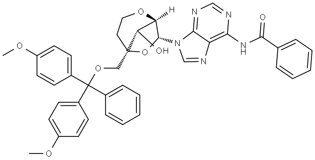 Benzamide, N-[9-[2,6-anhydro-4-C-[[bis(4-methoxyphenyl)phenylmethoxy]methyl]-5-deoxy-α-L-lyxo-hexofuranosyl]-9H-purin-6-yl]- Structure