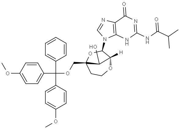 Propanamide, N-[9-[2,6-anhydro-4-C-[[bis(4-methoxyphenyl)phenylmethoxy]methyl]-5-deoxy-α-L-lyxo-hexofuranosyl]-6,9-dihydro-6-oxo-1H-purin-2-yl]-2-methyl- Structure