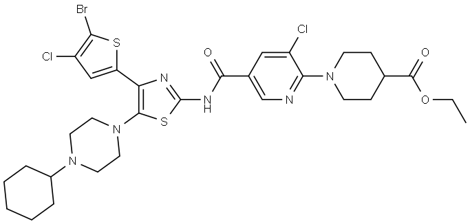 4-Piperidinecarboxylic acid, 1-[5-[[[4-(5-bromo-4-chloro-2-thienyl)-5-(4-cyclohexyl-1-piperazinyl)-2-thiazolyl]amino]carbonyl]-3-chloro-2-pyridinyl]-, ethyl ester Structure