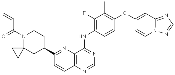 rel-(R)-1-(7-(4-((4-([1,2,4]triazolo[1,5-a]pyridin-7-yloxy)-2-fluoro-3-methylphenyl)amino)pyrido[3,2-d]pyrimidin-6-yl)-4-azaspiro[2.5]octan-4-yl)prop-2-en-1-one Structure