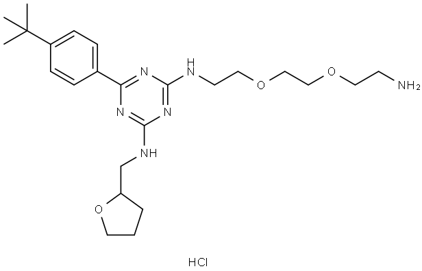 1,3,5-Triazine-2,4-diamine, N2-[2-[2-(2-aminoethoxy)ethoxy]ethyl]-6-[4-(1,1-dimethylethyl)phenyl]-N4-[(tetrahydro-2-furanyl)methyl]-, hydrochloride (1:1) Structure