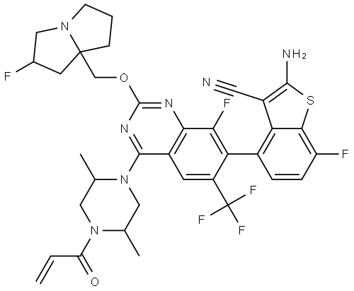 Benzo[b]thiophene-3-carbonitrile, 2-amino-4-[4-[(2S,5R)-2,5-dimethyl-4-(1-oxo-2-propen-1-yl)-1-piperazinyl]-8-fluoro-2-[[(2R,7aS)-2-fluorotetrahydro-1H-pyrrolizin-7a(5H)-yl]methoxy]-6-(trifluoromethyl)-7-quinazolinyl]-7-fluoro-, (4S)- 구조식 이미지