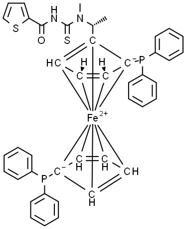 (2R)-1-[(1R)-1-[[(thiophene-2-carbonyl) amino]thioxomethyl] methylamino]ethyl]-1′,2-bis(diphenylphosphino)ferrocene 구조식 이미지