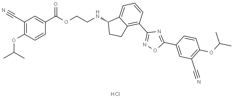 Benzoic acid, 3-cyano-4-(1-methylethoxy)-, 2-[[(1S)-4-[5-[3-cyano-4-(1-methylethoxy)phenyl]-1,2,4-oxadiazol-3-yl]-2,3-dihydro-1H-inden-1-yl]amino]ethyl ester, hydrochloride (1:1) Structure