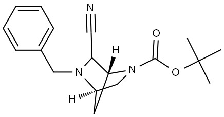 2,5-Diazabicyclo[2.2.1]heptane-2-carboxylic acid, 6-cyano-5-(phenylmethyl)-, 1,1-dimethylethyl ester, (1R,4R)- Structure