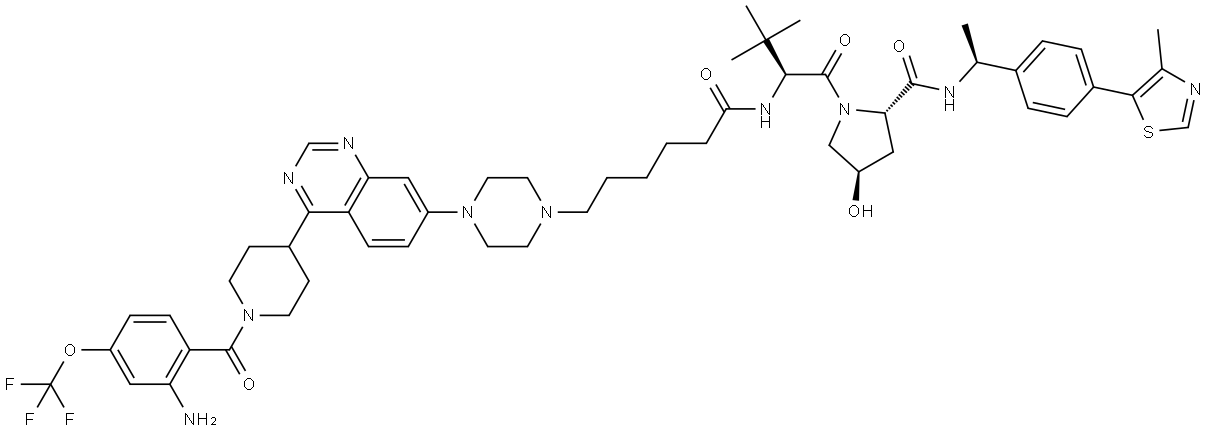 (2S,4R)-1-[(2S)-2-[6-[4-[4-[1-[2-amino-4-(trifluoromethoxy)benzoyl]-4-piperidyl]quinazolin-7-yl]piperazin-1-yl]hexanoylamino]-3,3-dimethyl-butanoyl]-4-hydroxy-N-[(1S)-1-[4-(4-methylthiazol-5-yl)phenyl]ethyl]pyrrolidine-2-carboxamide Structure