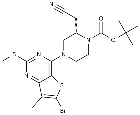 tert-butyl (S)-4-(6-bromo-7-methyl-2-(methylthio)thieno[3,2-d]pyrimidin-4-yl)-2-(cyanomethyl)piperazine-1-carboxylate Structure