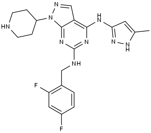 1H-Pyrazolo[3,4-d]pyrimidine-4,6-diamine, N6-[(2,4-difluorophenyl)methyl]-N4-(5-methyl-1H-pyrazol-3-yl)-1-(4-piperidinyl)- 구조식 이미지