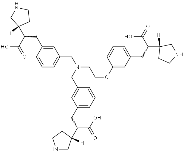 (2S)-3-(3-{[(2-{3-[(2S)-2-carboxy-2-[(3R)-pyrrolidin-3-yl]ethyl]phenoxy}ethyl)({3-[(2S)-2-carboxy-2-[(3R)-pyrrolidin-3-yl]ethyl]phenyl}methyl)amino]methyl}phenyl)-2-[(3R)-pyrrolidin-3-yl]propanoic acid Structure