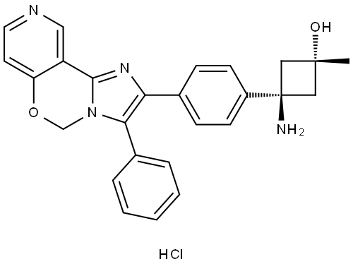 Cyclobutanol, 3-amino-1-methyl-3-[4-(3-phenyl-5H-imidazo[1,2-c]pyrido[3,4-e][1,3]oxazin-2-yl)phenyl]-, hydrochloride (1:1), trans- Structure