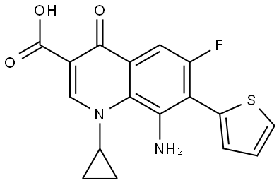 3-Quinolinecarboxylic acid, 8-amino-1-cyclopropyl-6-fluoro-1,4-dihydro-4-oxo-7-(2-thienyl)- Structure