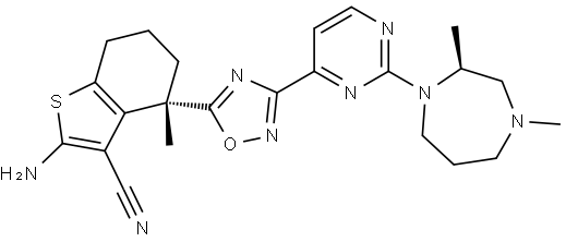 Benzo[b]thiophene-3-carbonitrile, 2-amino-4-[3-[2-[(2S)-hexahydro-2,4-dimethyl-1H-1,4-diazepin-1-yl]-4-pyrimidinyl]-1,2,4-oxadiazol-5-yl]-4,5,6,7-tetrahydro-4-methyl-, (4S)- Structure