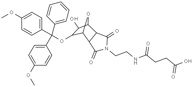 4-((2-(5-(bis(4-methoxyphenyl)(phenyl)methoxy)-6-hydroxy-1,3-dioxohexahydro-1H-4,7-epoxyisoindol-2(3H)-yl)ethyl)amino)-4-oxobutanoic acid Structure