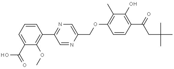 3-(5-((4-(3,3-dimethylbutanoyl)-3-hydroxy-2-methylphenoxy)methyl)pyrazin-2-yl)-2-methoxybenzoic acid 구조식 이미지