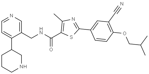 5-Thiazolecarboxamide, 2-[3-cyano-4-(2-methylpropoxy)phenyl]-4-methyl-N-[[4-(3-piperidinyl)-3-pyridinyl]methyl]- Structure