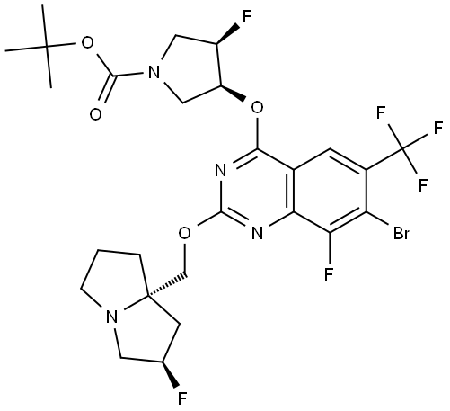 tert-butyl (3S,4R)-3-[7-bromo-8-fluoro-2-[[(2R,8S)-2-fluoro-1,2,3,5,6,7-hexahydropyrrolizin-8-yl]methoxy]-6-(trifluoromethyl)quinazolin-4-yl]oxy-4-fluoropyrrolidine-1-carboxylate Structure