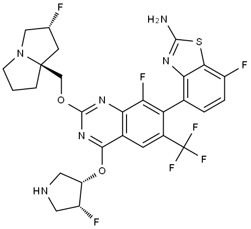 7-fluoro-4-(8-fluoro-4-(((3S,4R)-4-fluoropyrrolidin-3-yl)oxy)-2-(((2R,7aS)-2-fluorotetrahydro-1H-pyrrolizin-7a(5H)-yl)methoxy)-6-(trifluoromethyl)quinazolin-7-yl)benzo[d]thiazol-2-amine Structure