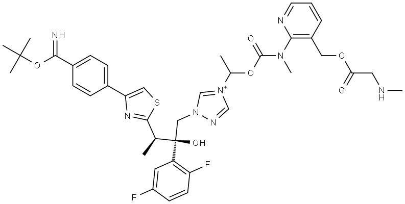 1-((2R,3R)-3-(4-(4-(tert-butoxy(imino)methyl)phenyl)thiazol-2-yl)-2-(2,5-difluorophenyl)-2-hydroxybutyl)-4-(1-((methyl(3-(((methylglycinyl)oxy)methyl)pyridin-2-yl)carbamoyl)oxy)ethyl)-1H-1,2,4-triazol-4-ium Structure